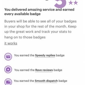 May include: A digital notification screen displaying the text Congrats! You earned the Star Seller badge! with a large purple number 5 and five stars. It lists badges for Speedy replies, Rave reviews, Smooth dispatch, and Star Seller.