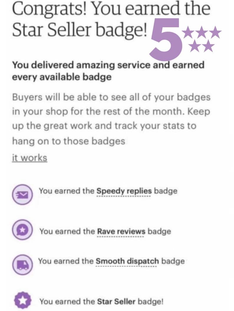 May include: A digital notification screen displaying the text Congrats! You earned the Star Seller badge! with a large purple number 5 and five stars. It lists badges for Speedy replies, Rave reviews, Smooth dispatch, and Star Seller.