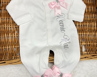 Princess Newborn Baby Homecoming Sleepsuit/babygrow any NAME EXCLUSIVE LUXURY Bows Personalised Gift
