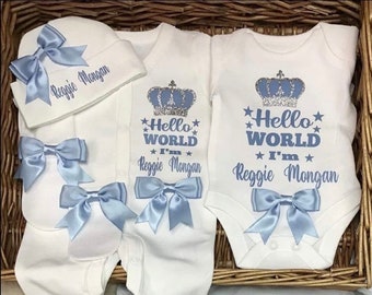 Newborn baby boy homecoming set, Sleepsuit Hat Mitts bodysuit blue bows Personalised gift Mum Auntie Nanny