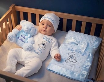 Newborn baby boy girl a FULL SET is a sleepsuit hat blue pink teddy bear. EXTRAS add a blanket Personalised Printed
