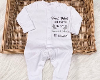 Hand Picked for Earth grandad nanny great grandparents grandparents Heaven Newborn baby homecoming sleepsuit set, any name