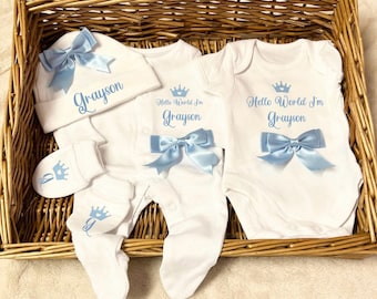 Newborn baby boy homecoming set with blue bows  comforter Little Prince Personalised gift