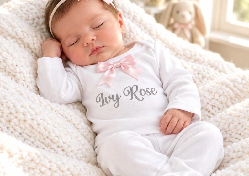May include: A white long-sleeved baby bodysuit featuring a light pink satin bow at the neckline and the name Ivy Rose printed in a grey script font across the chest. The garment is worn by a sleeping infant with a matching pink headband.