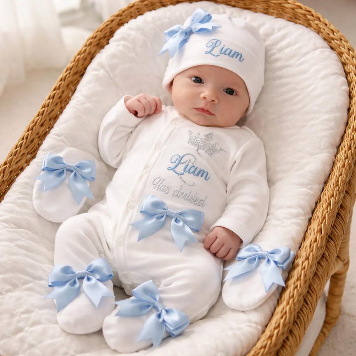 Newborn Baby Boy a FULL SET is a Sleepsuit Hat Mitts. EXTRAS Add a Blue ...