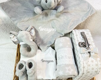 Baby hamper, newborn boy/girl personalised gift sleepsuit/Babygrow comforter, grey elephant rattle booties blanket memory keepsake suitcase