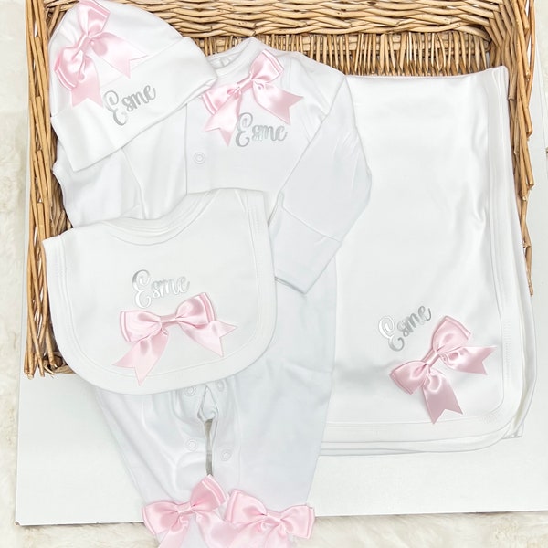 Newborn LUXURY baby homecoming set sleep suit hat bib and blanket , any name  Personalised gift