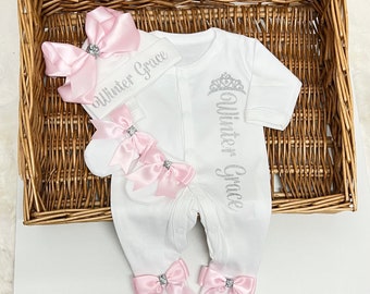 Newborn baby homecoming sleep suit hat scratch mittens set, any name  Personalised gift