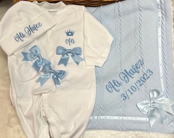 Personalised Newborn baby boy or girl sleepsuit  hat mitts luxury blanket set with bow , any name date of birth  gift Mum Nana Auntie