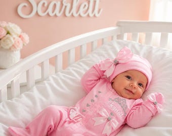 Newborn baby FULL SET sleepsuit hat headband mitts. EXTRAS add a rabbit or blanket Or Taggie or suitcase or gift box 2nd pic original
