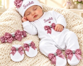 Newborn baby FULL SET printed sleepsuit hat headband mitts. EXTRAS add a bunny or blanket Or suitcase or gift box 2nd pic is original