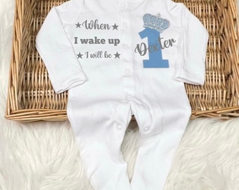 When I wake up, I will be one or two sleep suit, Babygrow, personalised birthday, any name any character