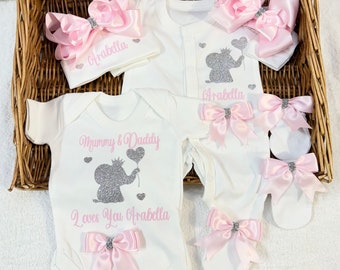 Newborn baby girl homecoming set, Sleepsuit hat bib mittens headband Welcome to the world