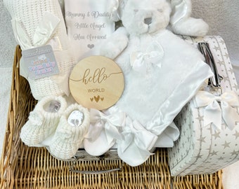 Baby HELLO WORLD FANTASTIC  hamper memory keepsake suitcase personalised muslin gift bunny rabbit comforter, booties bow mittens blanket