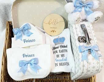 HAND PICKED Brother Sister Grandad Heaven Newborn baby sleepsuit, hat, bib hello world plaque teddy hamper keepsake suitcase, homecoming set