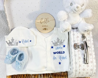 Newborn baby boy  homecoming set, any name sleepsuit hat, booties suitcase keepsake hamper hello world plaque Teddy bear Personalised gift