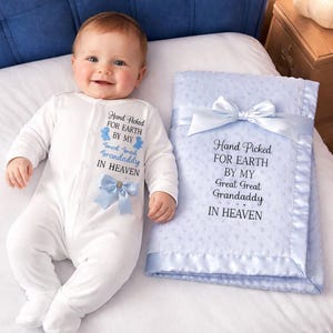 Hand picked for earth heaven Newborn baby a FULL SET is a sleepsuit & blanket  Personalised gift add a keepsake suitcase 2nd pic is original