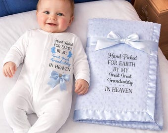 Hand picked for earth heaven Newborn baby a FULL SET is a sleepsuit & blanket  Personalised gift add a keepsake suitcase 2nd pic is original