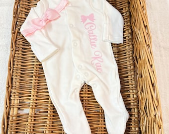 Newborn baby girl clothes  homecoming set, sleepsuit, personalised gift