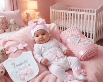 Newborn baby FULL SET is a printed Romper headband hat. EXTRAS add a personalised printed bib blanket or keepsake suitcase 2nd pic original