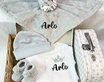 Baby boy/girl newborn hamper memory keepsake suitcase personalised gift sleepsuit/Babygrow hat  comforter, booties Baby shower gift grey set