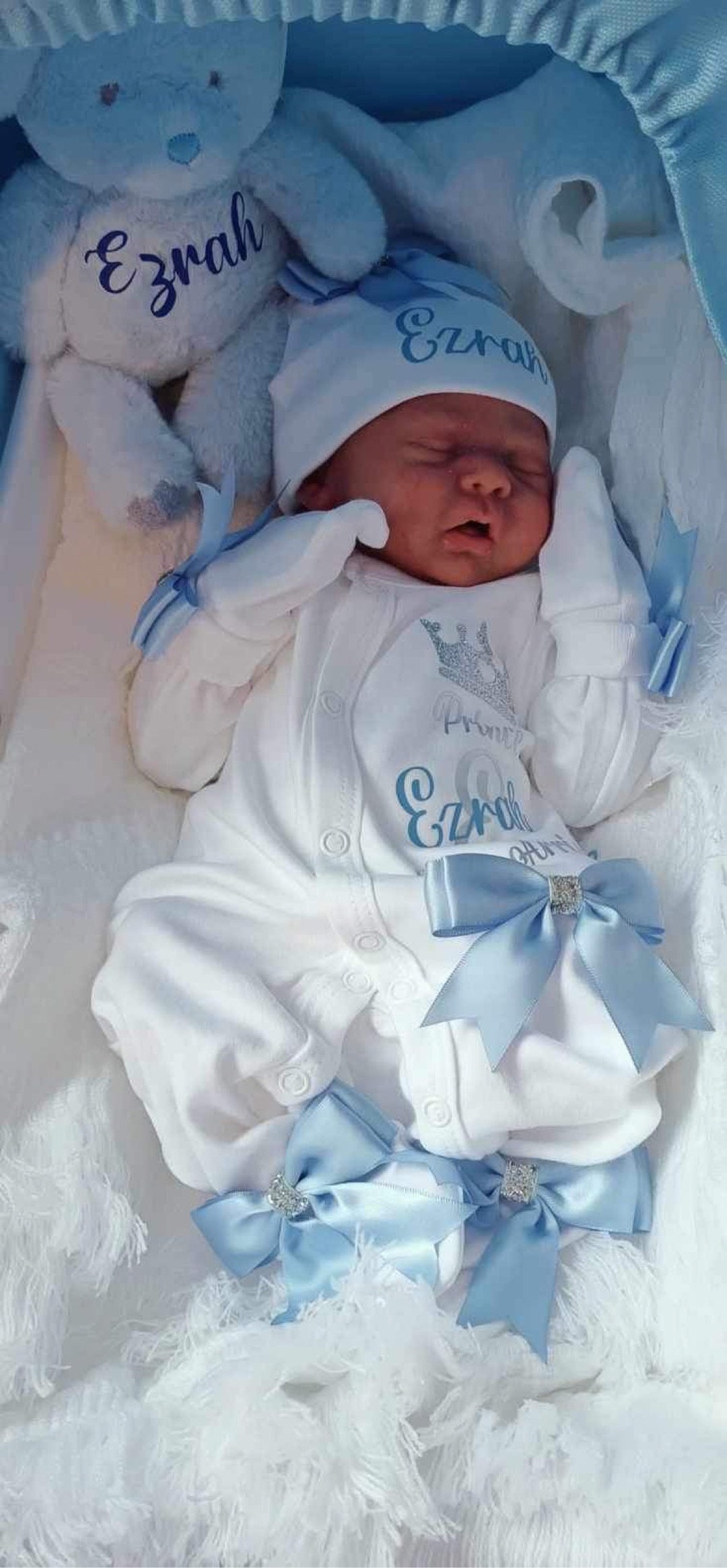 Newborn Baby Boy Set, Any Name Sleepsuit / Babygrow Hat, Scratch Mitts Personalised