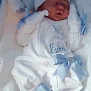 Newborn baby boy  homecoming set, any name sleepsuit hat, scratch mitts Personalised gift