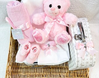 Baby HELLO WORLD newborn   hamper memory suitcase personalised gift, Teddy bear  comforter, blanket hat muslin booties