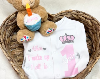 When I wake up, I will be one or two birthday sleepsuit, Babygrow, with personalised teddy bear