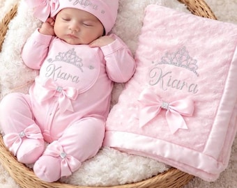 Newborn Baby girl a FULL SET  sleepsuit Hat bib. Silver Printed. EXTRAS add a blanket or teddy bear keepsake or suitcase 2nd pic is original