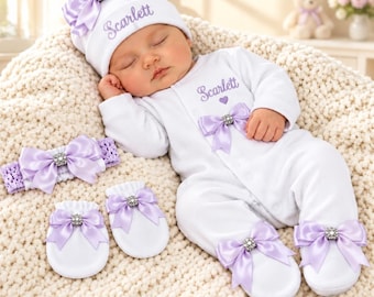 Newborn baby FULL SET printed sleepsuit hat headband mitts. EXTRAS add a bunny or blanket Or suitcase or gift box 2nd pic is original