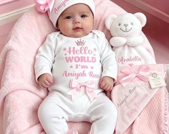 Newborn Baby girl FULL SET is Romper hat mitts headband. EXTRAS add a Teddy or personalised blanket suitcase or gift box 2nd pic original