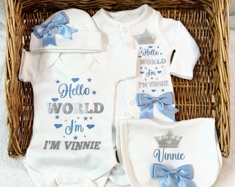 Newborn baby boy homecoming set, sleep suit, bodysuit, bib, hat, scratch, mittens, exclusive luxury bows Personalised gift