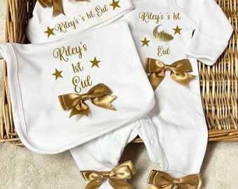 EID Personalised homecoming newborn baby babygrow sleepsuit hat bib gold bows set