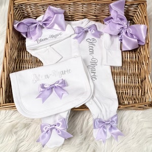 Newborn baby sleepsuit hat mitts homecoming set, any name Personalised gift with headband image 1