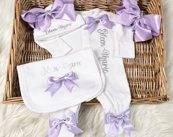 Newborn baby sleepsuit hat mitts homecoming set, any name Personalised gift with headband