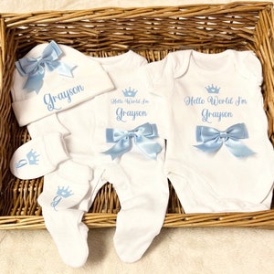 Newborn baby boy homecoming sleepsuit/babygrow bodysuit, scratch mittens, hat, blue bows, set, any name personalised gift image 1