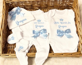 Newborn baby boy homecoming sleepsuit/babygrow bodysuit, scratch mittens, hat, blue bows, set, any name personalised gift