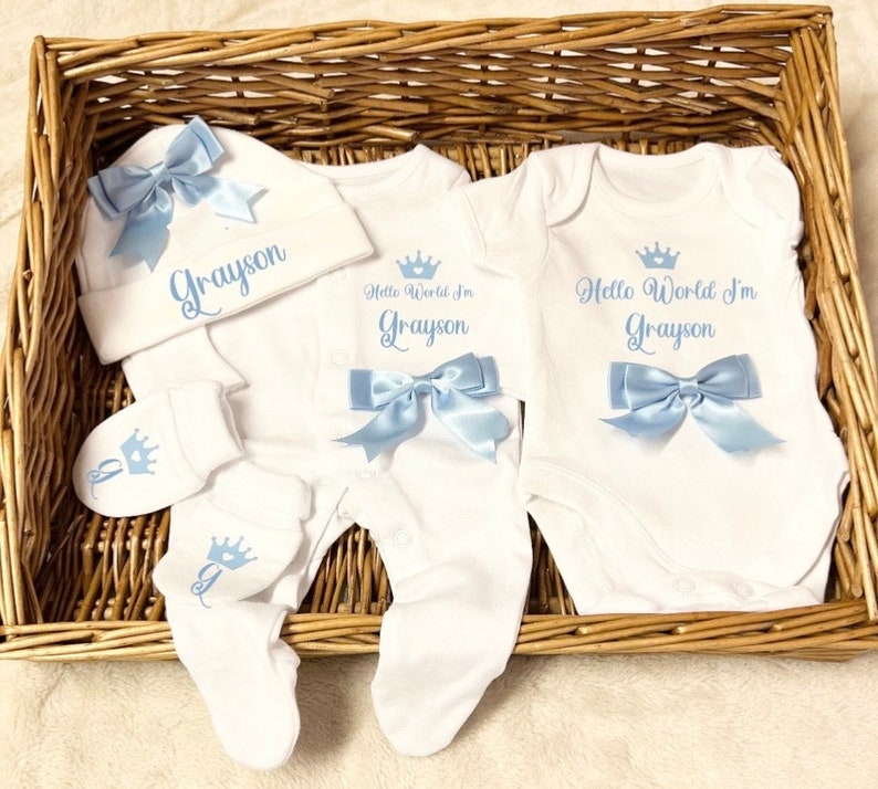 Newborn baby boy homecoming sleepsuit/babygrow bodysuit, scratch mittens, hat, blue bows, set, any name personalised gift image 1