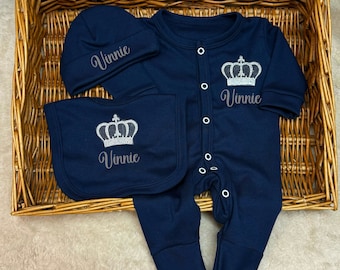 Newborn ONLY exclusive superb quality navy baby boy homecoming set, sleepsuit/babygrow, hat, bib any name  Personalised gift