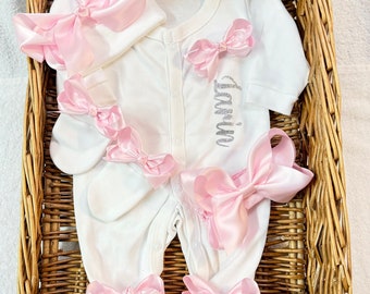 Newborn baby girl LUXURIOUS good quality homecoming set sleep suit, hat, scratch, mittens, headband, any name  Personalised gift