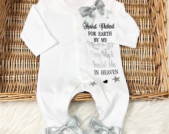 HAND PICKED FOR Earth  grandad nanny great grandparents grandparents Heaven Newborn baby homecoming sleepsuit bows