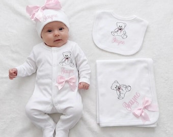 Newborn baby boy A FULL SET is a sleepsuit hat bib. EXTRAS add a personalised blanket or teddy or keepsake suitcase 2nd picture is original