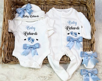 Newborn baby boy homecoming set, sleep, suit, bodysuit, hat, scratch mittens any name  Personalised gift