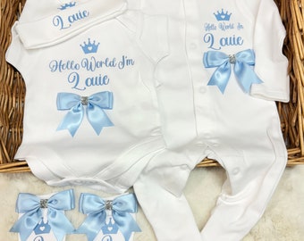 Newborn baby boy homecoming set, sleep suit hat, bodysuit, scratch mittens any name Personalised gift