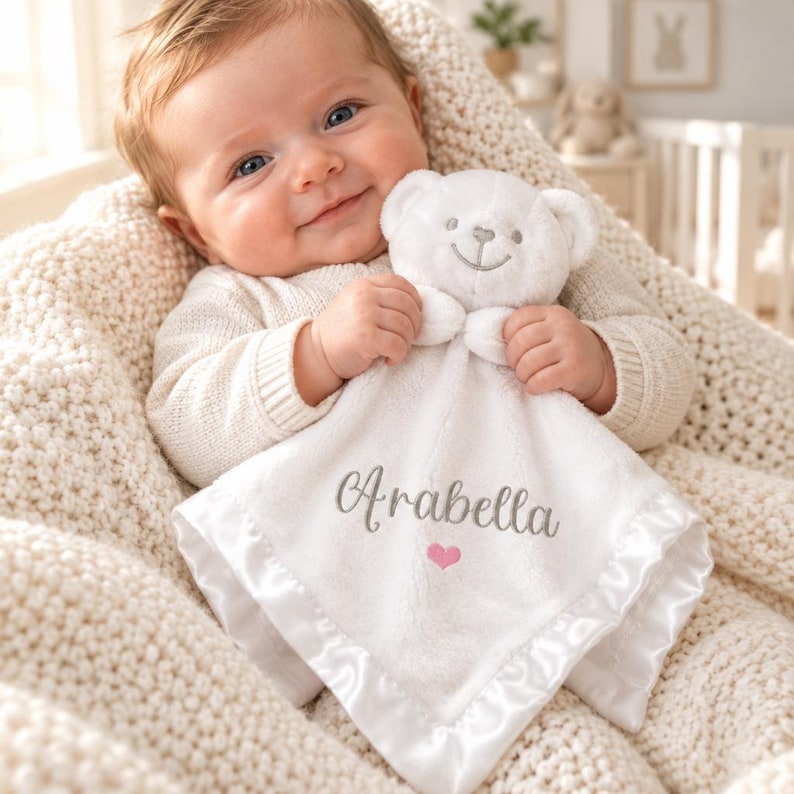 May include: A white plush security blanket featuring a stuffed bear head at the top, a satin-trimmed edge, and the name Arabella embroidered in grey script above a small pink heart. The soft fabric has a textured finish and a square shape.