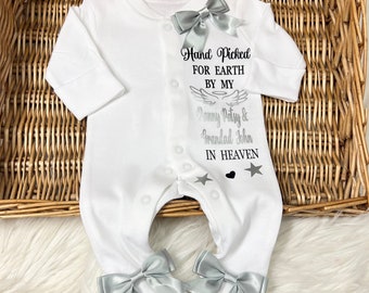 HAND PICKED FOR Earth  grandad nanny great grandparents grandparents Heaven Newborn baby homecoming sleepsuit bows