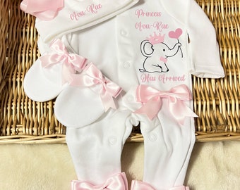 Princess has arrived Newborn baby sleepsuit hat mitts homecoming set, any name Personalised gift Mum Nana Auntie