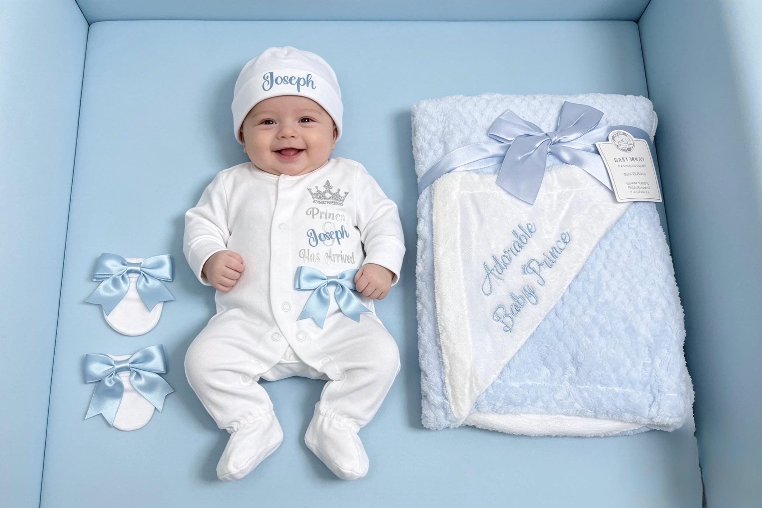 Newborn baby boy Prince FULL SET sleepsuit hat mitts. EXTRAS Add a teddy bear or blanket or suitcase or gift box 2nd pic original