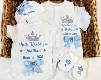 Newborn baby boy homecoming sleepsuit/babygrow bodysuit, scratch mittens, hat, blue bows, set, any name personalised gift